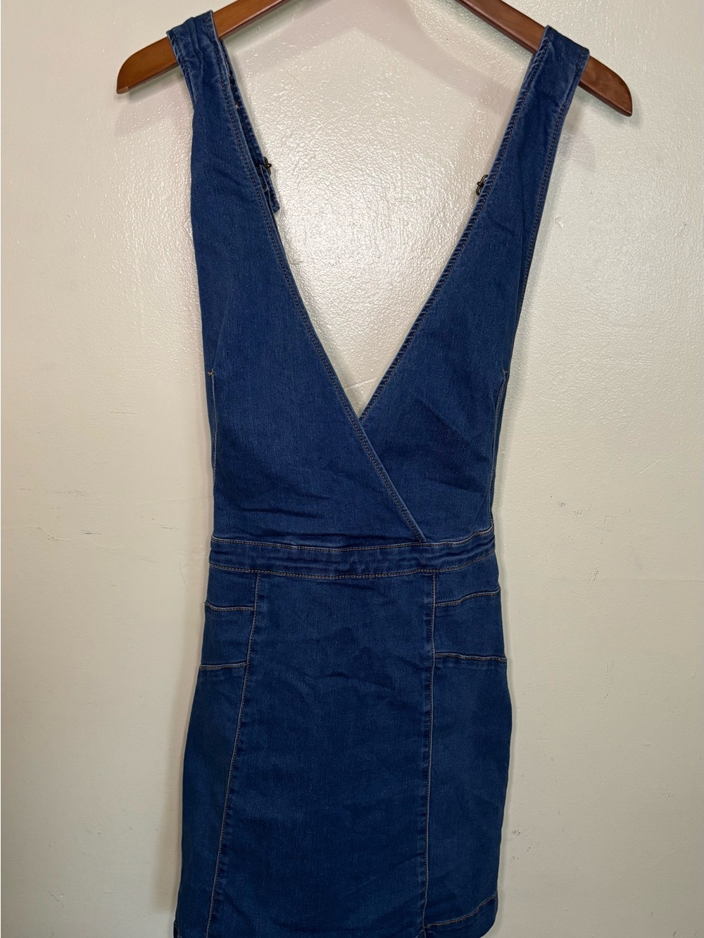 Free People Denim Mini Pinafore Dress Blue Deep V Crossover Surplice Wrap Fit M?